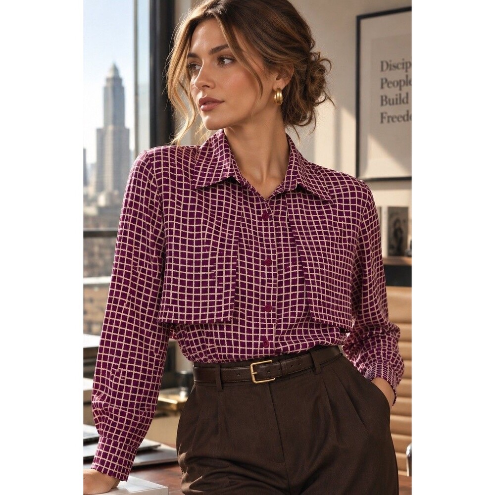 Schrader Vintage Blouse Purple Geometric Grid Cape Overlay Secretary Womens 10